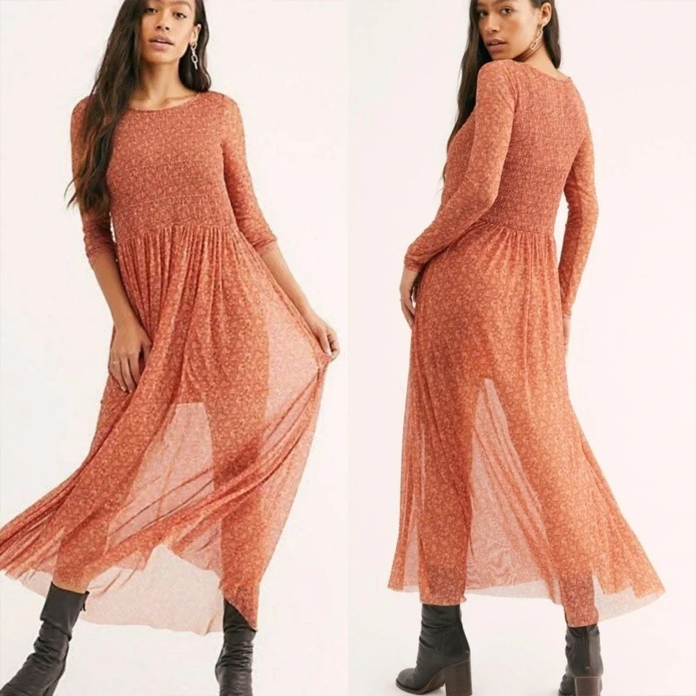 free people hello and goodbye mesh midi dress Free People Hello and Goodbye Orange Floral Mesh Smocked Midi Dress SZ  Small metricaec.com